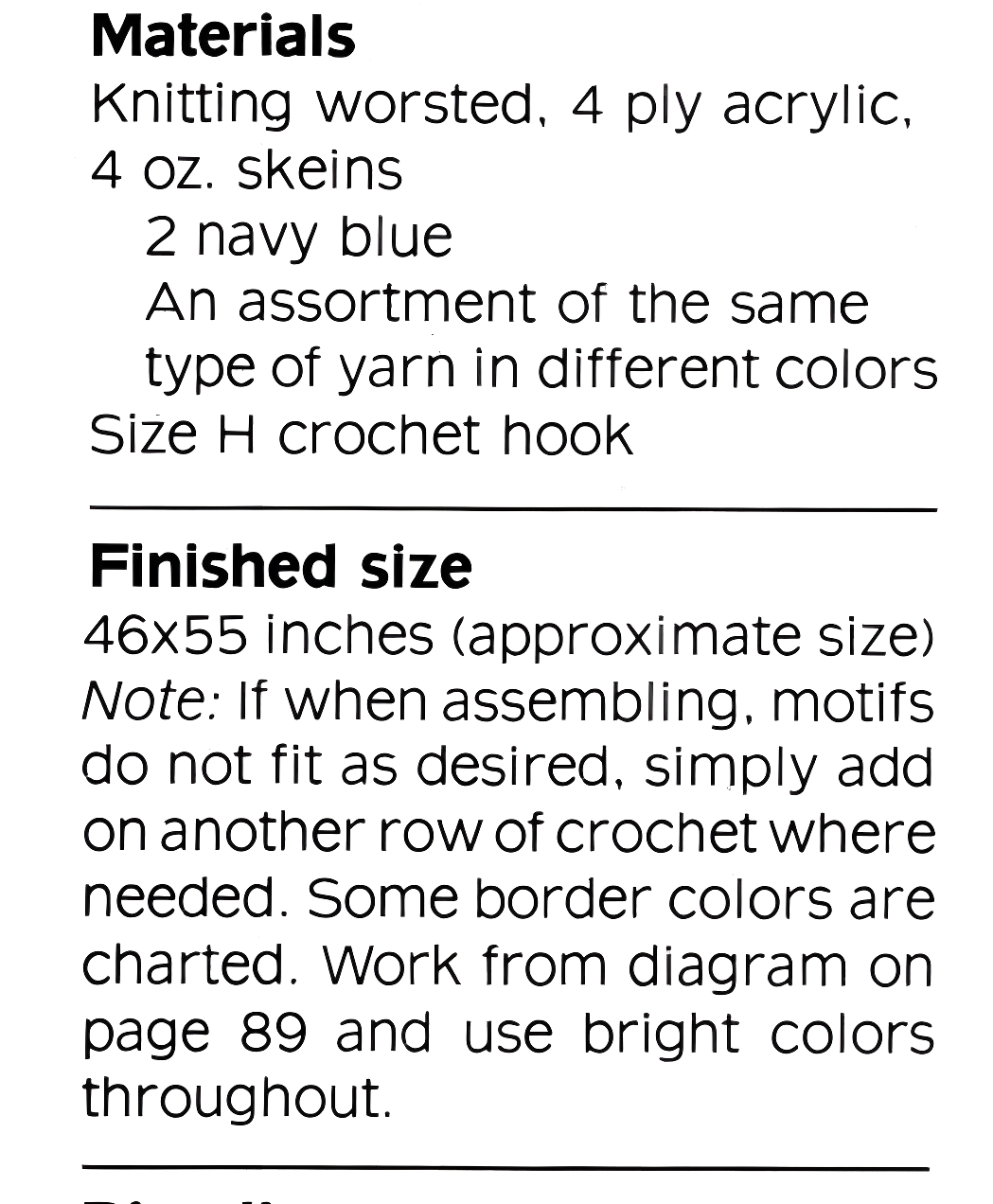 Materials and yarn requirements for vintage 1970s granny square sampler afghan crochet pattern in Worsted Aran