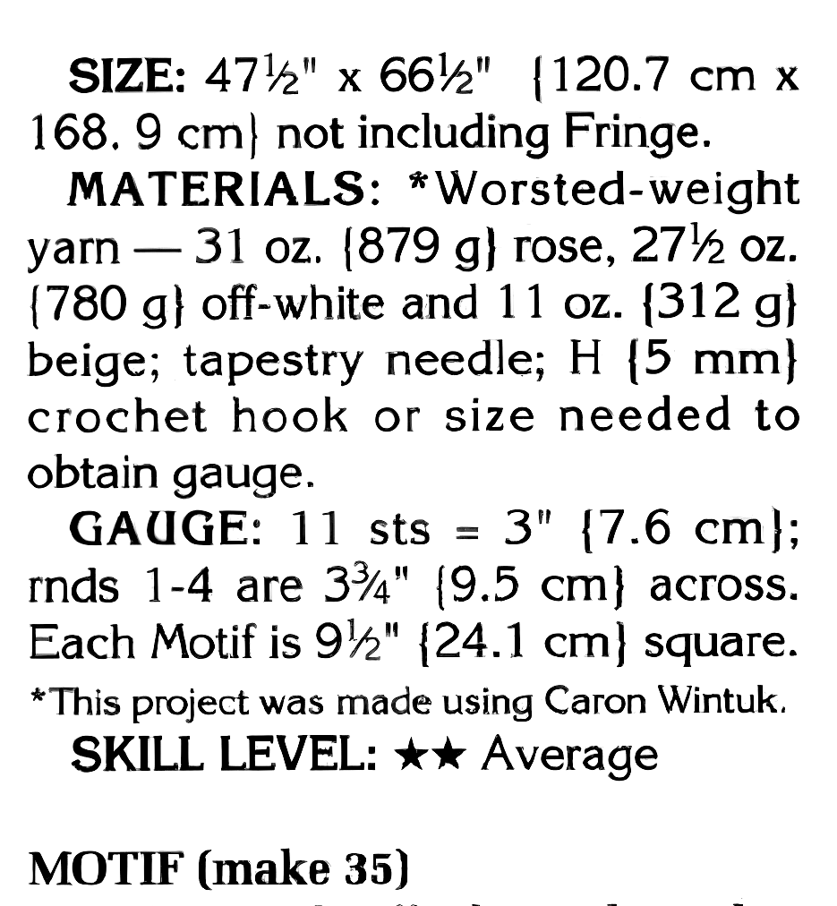 Materials and yarn requirements for vintage 1980s granny square afghan blanket crochet pattern in Worsted Aran