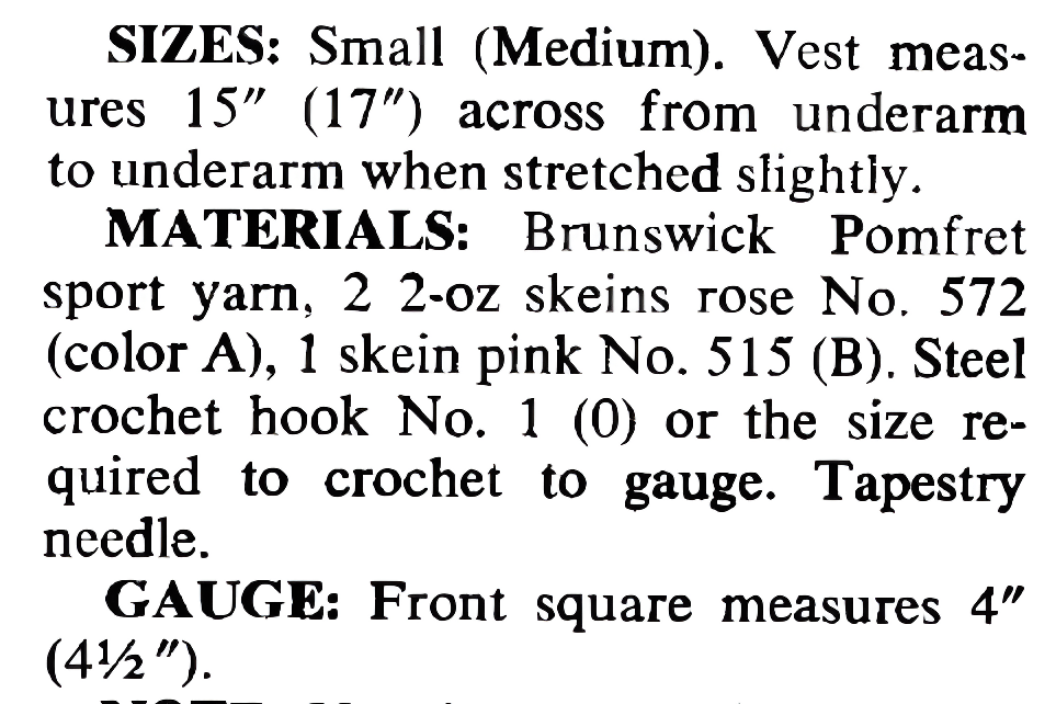 Materials and yarn requirements for vintage 1960s women's Victorian lacy motif crochet vest pattern in Sport weight