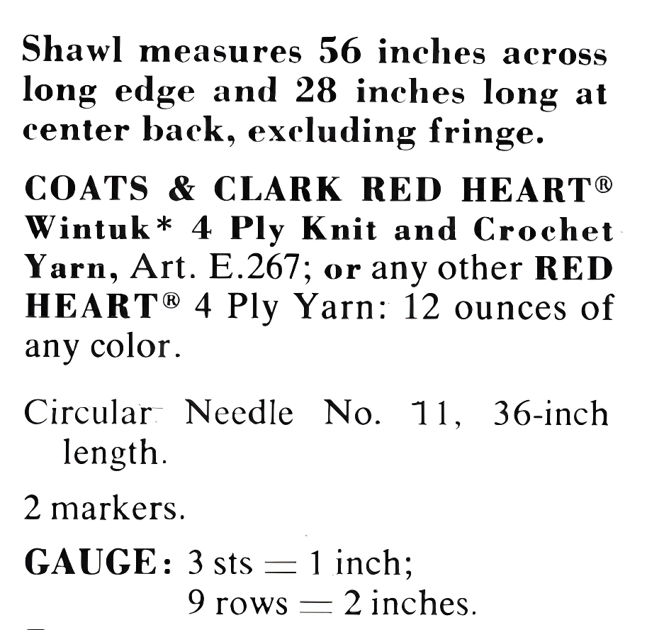 Materials and yarn requirements for vintage 1950s women's triangular lace shawl knitting pattern with deep fringe in 4-ply