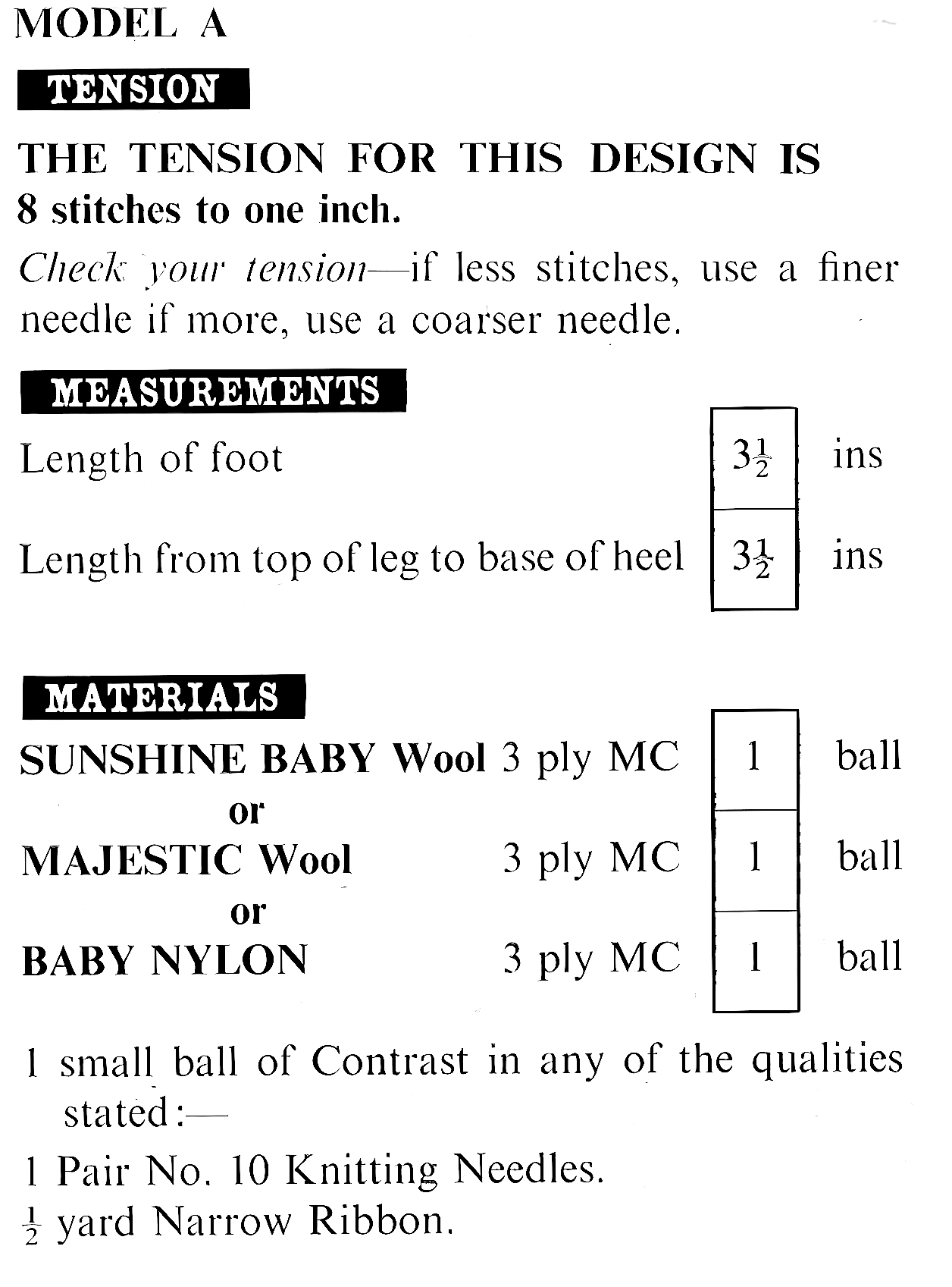 Materials and yarn requirements for vintage 1960s baby bootees and knee-high boots socks knitting pattern, 6 designs, DK and 3-ply