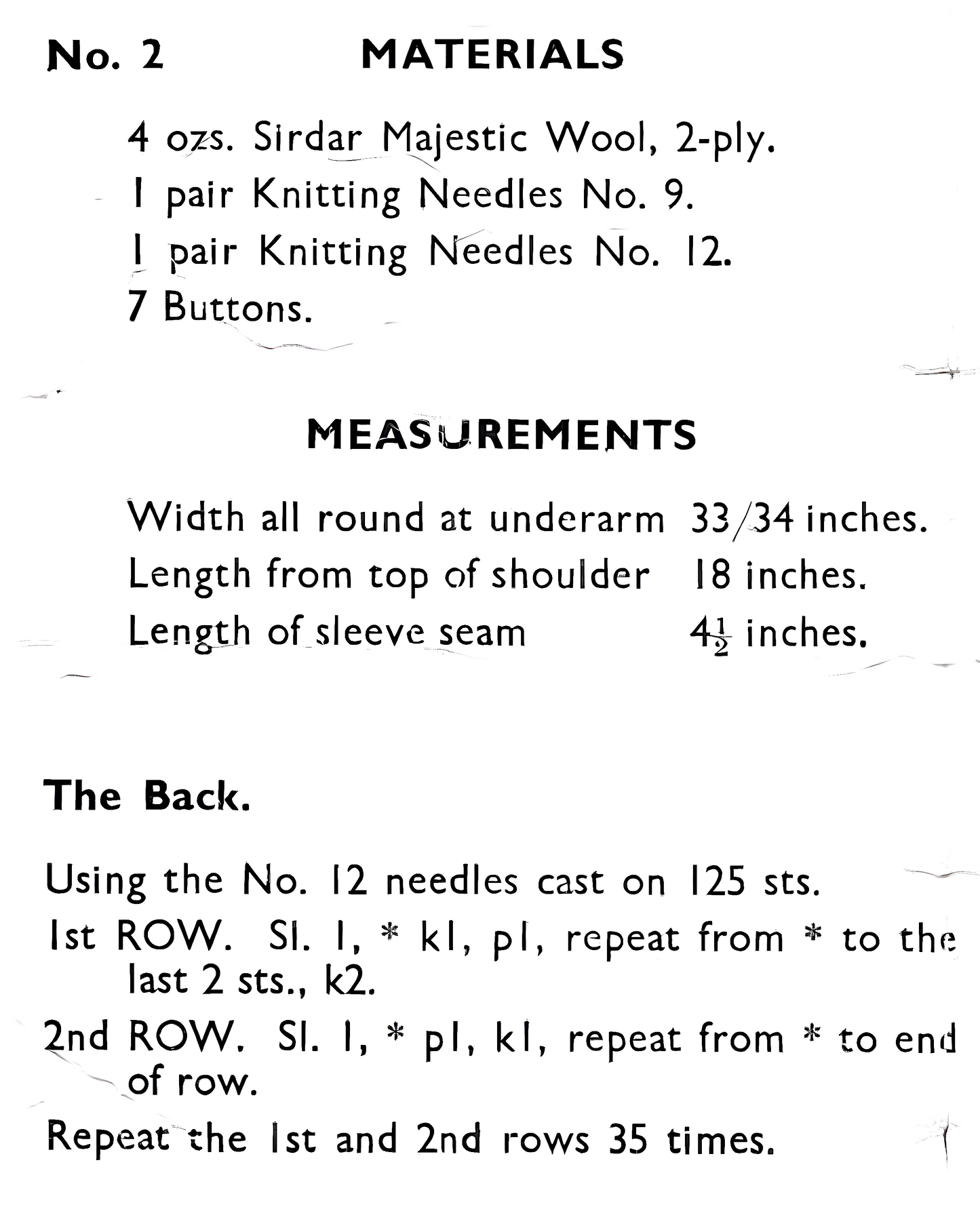 Materials, yarn requirements and measurements for vintage 1950s women's short-sleeved jumper knitting pattern, deep V-neck hourglass, 2-ply, 33''–34'' bust.