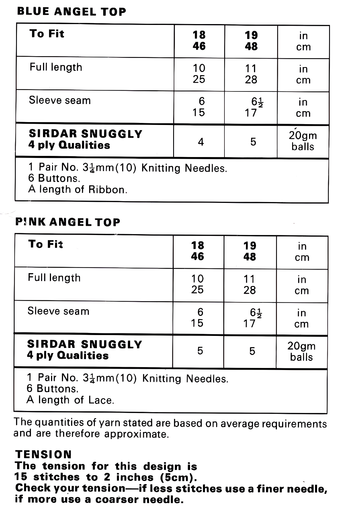 Materials, yarn requirements and measurements for vintage 1970s baby angel tops knitting pattern, 2 lace yoke designs, 4-ply, 18''–19''.