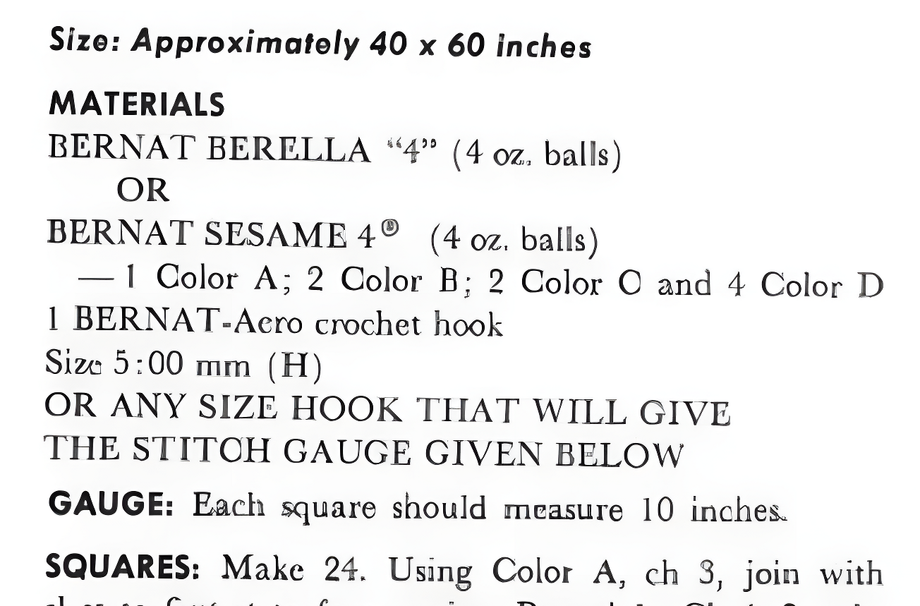 Materials and measurements for vintage 1968 granny square afghan blanket crochet pattern — 24 large squares, 4 colours, Worsted Aran weight, each square 10'', 40'' x 60''. US crochet terms.