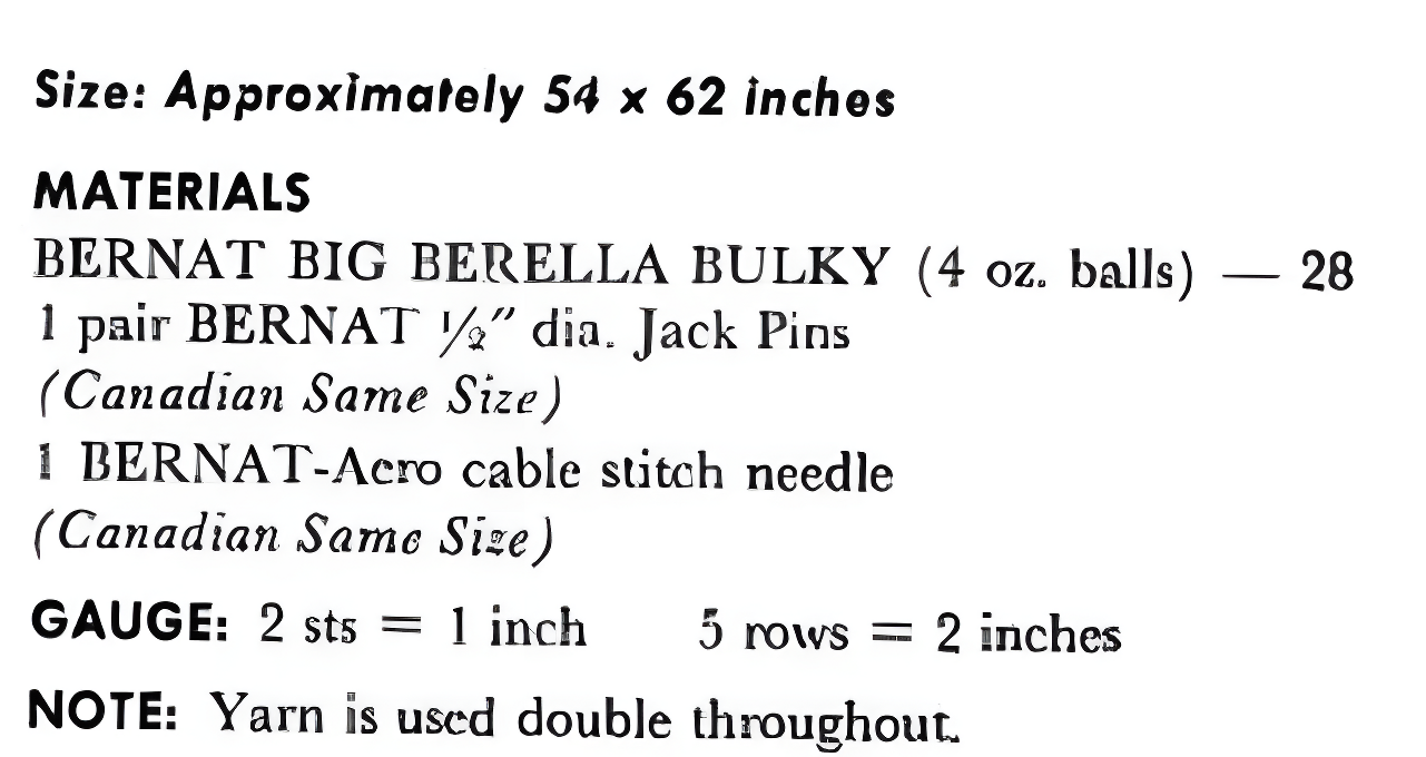 Materials and measurements for vintage 1968 Honeycomb and Aran Cables afghan blanket knitting pattern — bulky yarn worked double, 3 strips, 54'' x 62''. Luxury thick blanket. Easy knit.