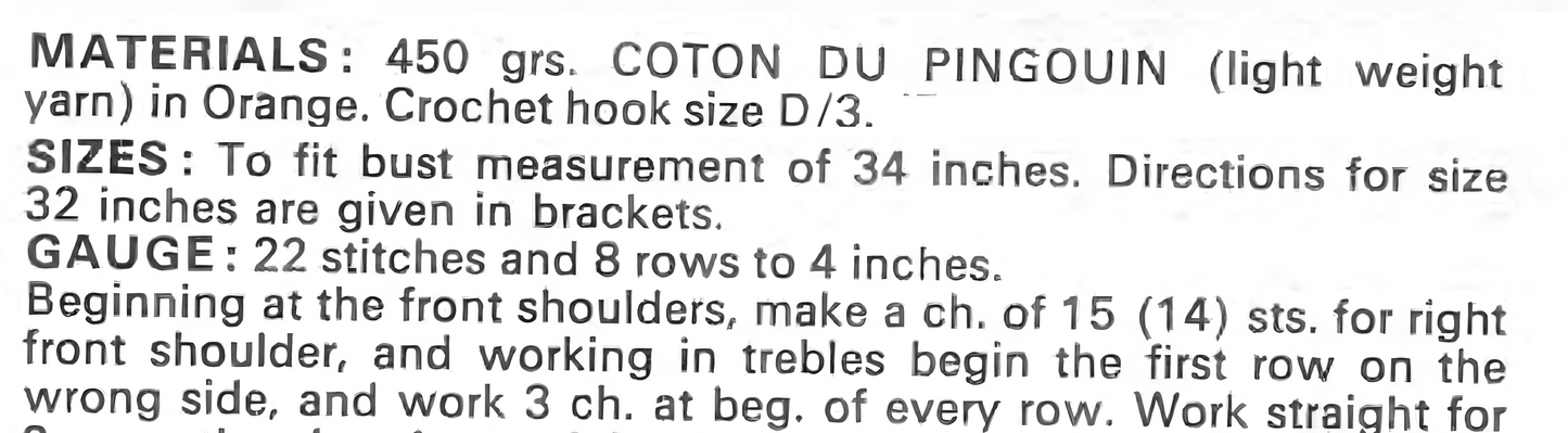 Materials and measurements for vintage 1970s women's sleeveless summer beach dress crochet pattern — spiderweb lace flared skirt, 4ply yarn, 32'' – 34'' chest. US crochet terms.