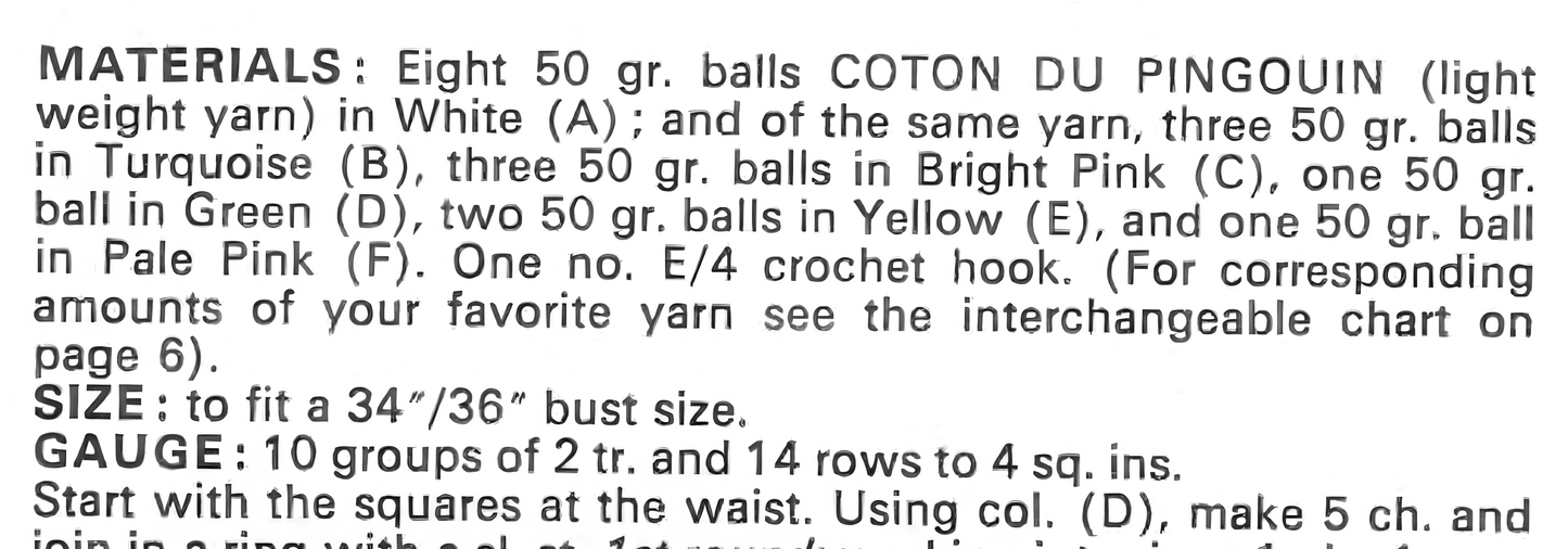Materials and measurements for vintage 1970s women's long chevron ripple dress crochet pattern — sleeveless, shoulder straps, flared skirt, 4ply yarn, 34'' – 36'' bust. US crochet terms.