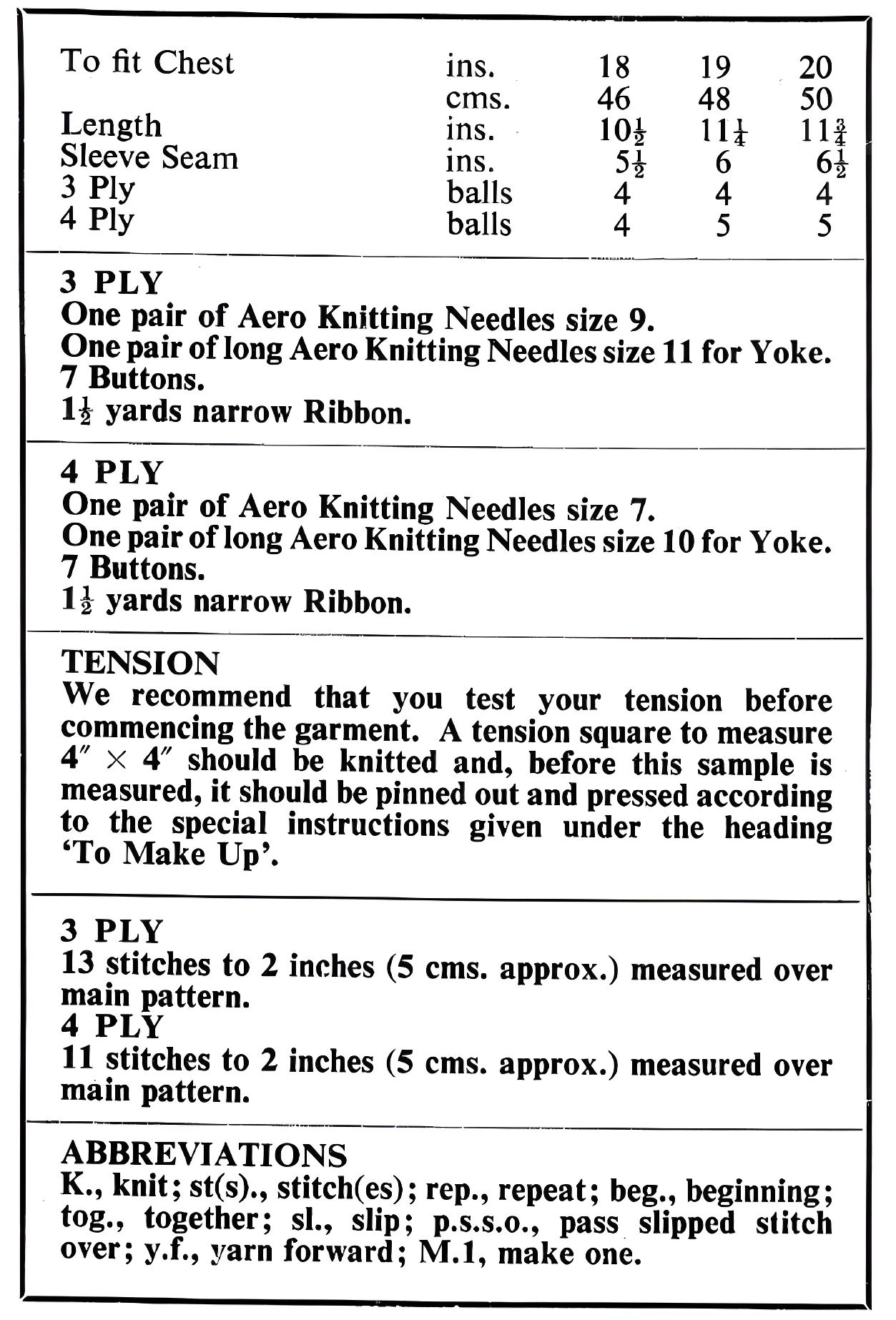 Materials and measurements for vintage 1970s baby matinee coat cardigan knitting pattern — diamond lace, flared skirt, garter stitch yoke, 3ply or 4ply yarn, 18''–20'' (46–50 cm) chest.