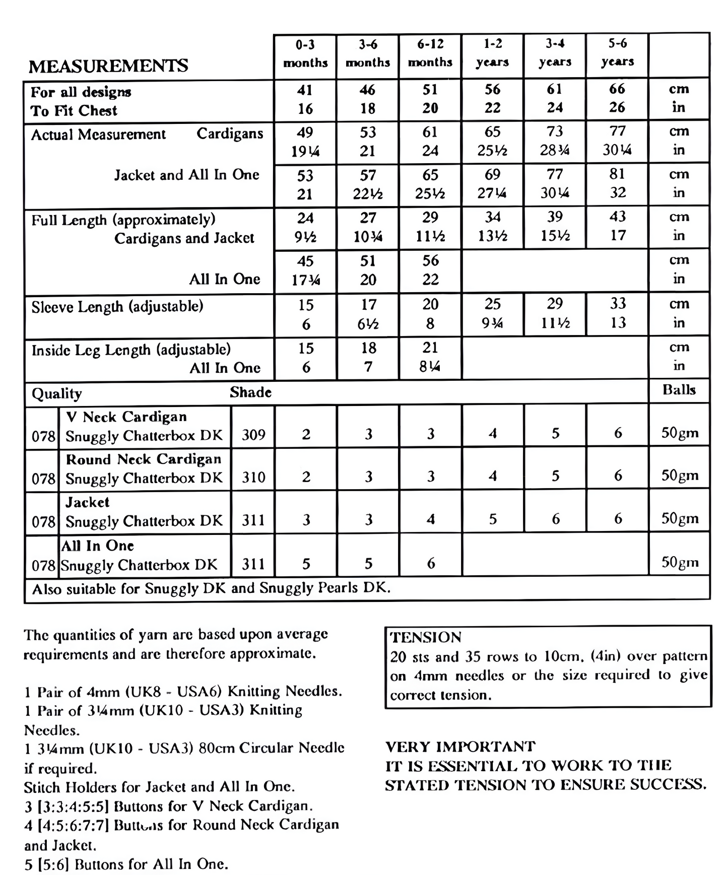 Materials and measurements for vintage baby cardigan, hooded jacket and all-in-one romper knitting pattern — raglan, large print, DK yarn, 16''–26'' (cardigans/jacket) and 16''–20'' (romper).