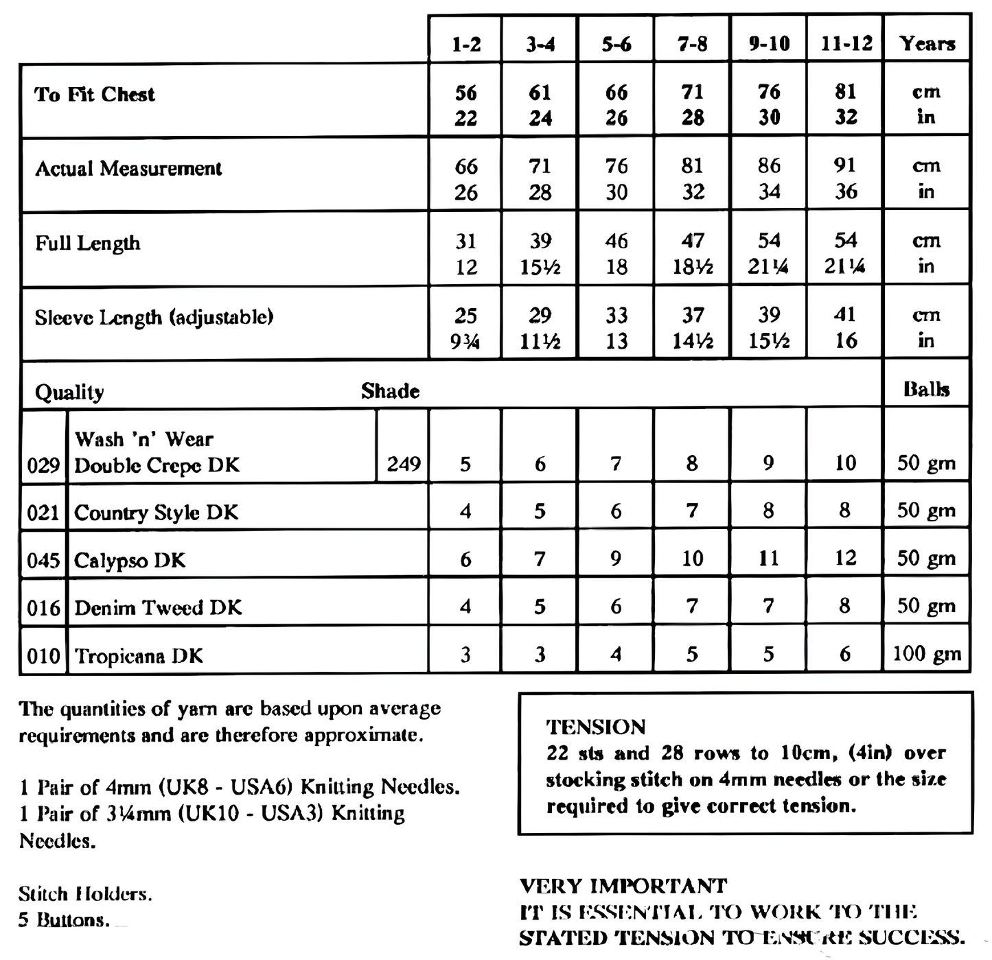 Materials and measurements for vintage girls' cardigan knitting pattern — cable, bobble and lace, V-neck, drop shoulder, DK 8ply yarn, 4mm and 3.25mm needles, 22''–32'' (56–81 cm), 1–12 years.