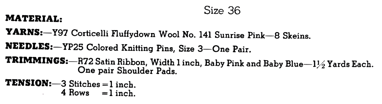 Materials and measurements for vintage 1950s women's lacy bed jacket knitting pattern — open front, set-in sleeve, chunky 12ply yarn, 6.5mm needles, ribbon, 36'' (91 cm), one size.