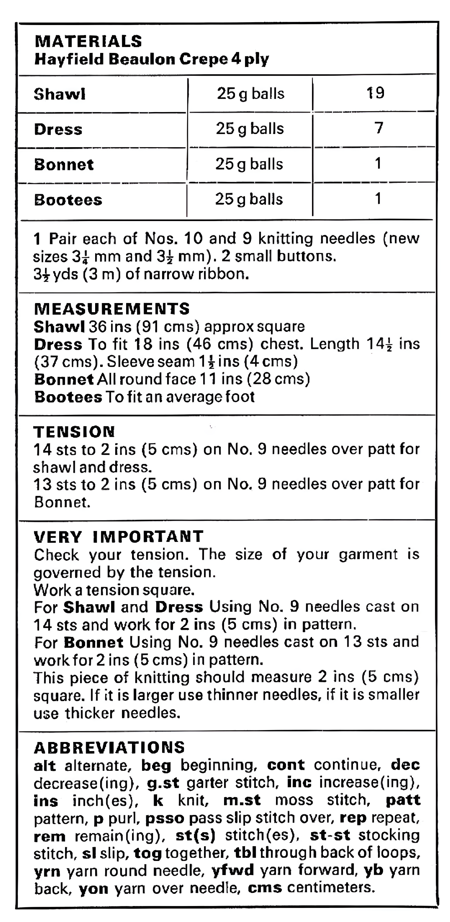 Materials and measurements for vintage baby Frost Flower lace christening layette knitting pattern — long dress, bonnet, bootees and shawl, 4ply yarn, 3.25mm and 3.5mm needles, 18'' (46 cm), 6 months.