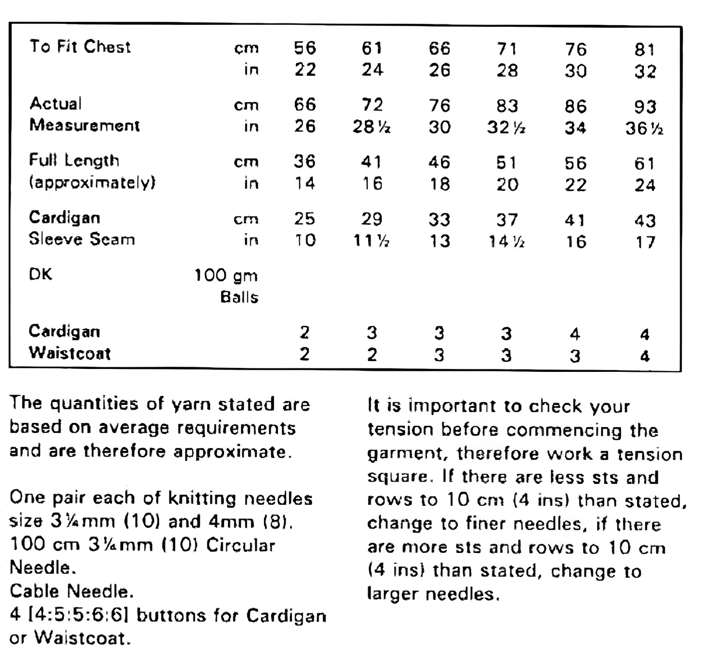 Materials and measurements for vintage child's cable and bobble cardigan and waistcoat knitting pattern — V-neck, DK 8ply yarn, 3.25mm and 4mm needles, circular needle, cable needle, 22''–32'' (56–81 cm), 2–12 years.