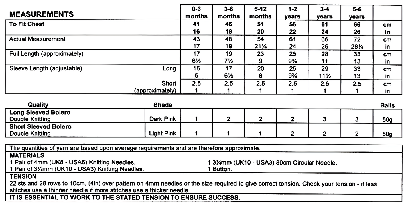 Materials and measurements for vintage girl's lacy bolero cardigan knitting pattern — eyelet lace, DK 8ply yarn, 4mm and 3.25mm needles, 3.25mm 80cm circular needle, 1 button, 16''–26'' (41–66 cm), birth to 6 years.