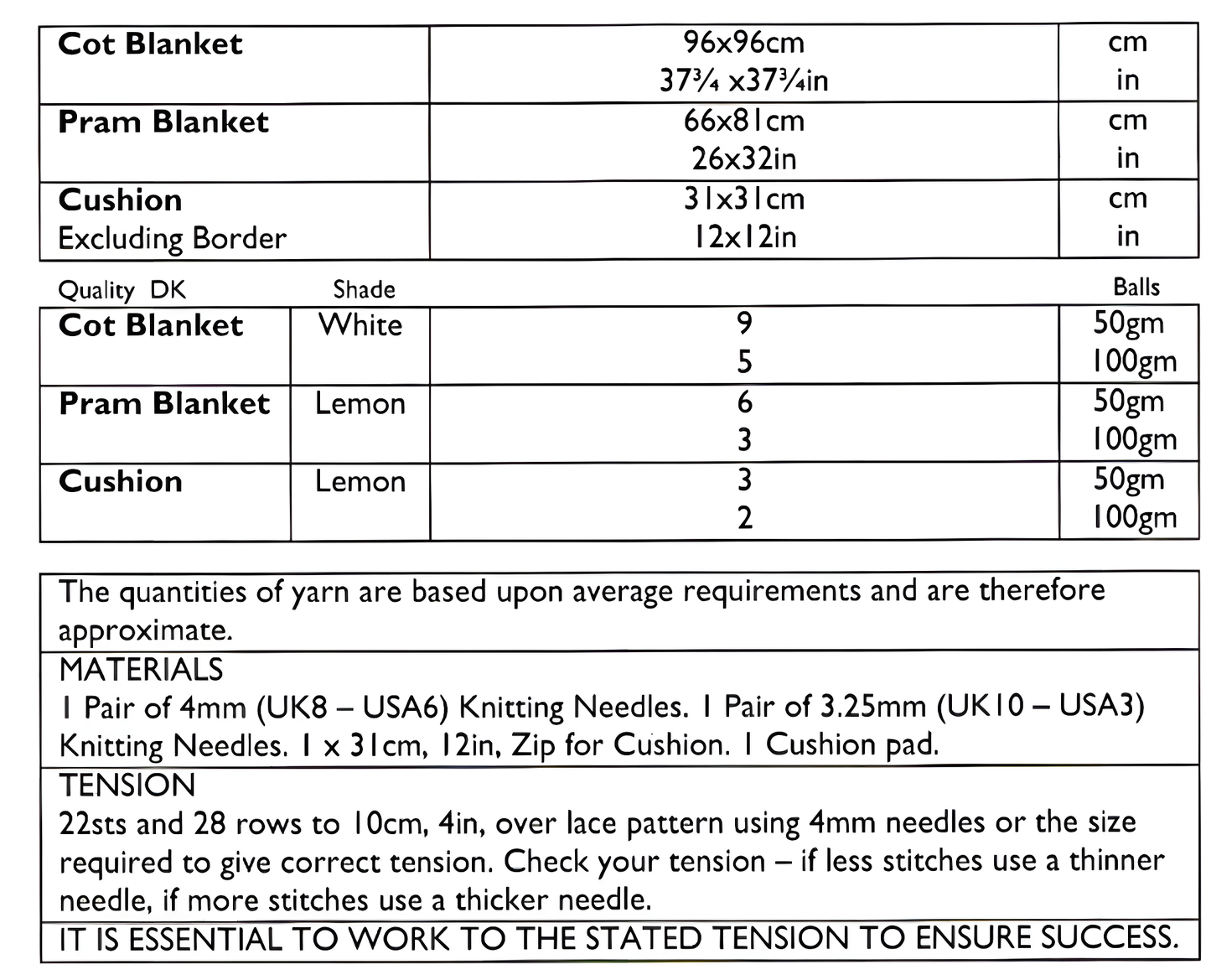 Materials and measurements for vintage baby blankets and cushion knitting pattern — lace stitch, DK 8ply yarn, 4mm and 3.25mm needles, zip and cushion pad required; cot blanket 96×96 cm, pram blanket 66×81 cm, cushion 31×31 cm.