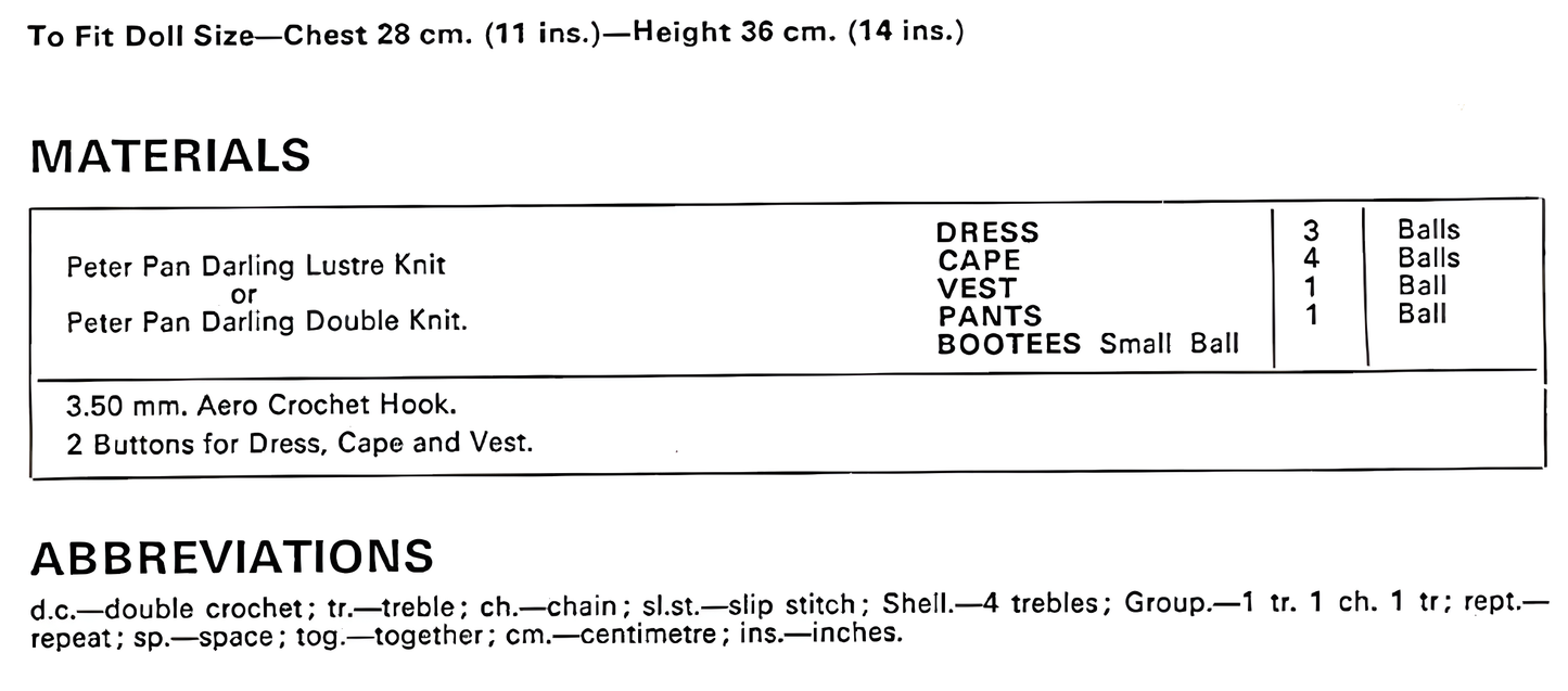 Materials and measurements for vintage 14'' doll clothes crochet pattern — shell stitch set, DK 8ply yarn, 3.5mm hook, 4 buttons, fits 14'' (36 cm) doll, chest 28 cm.