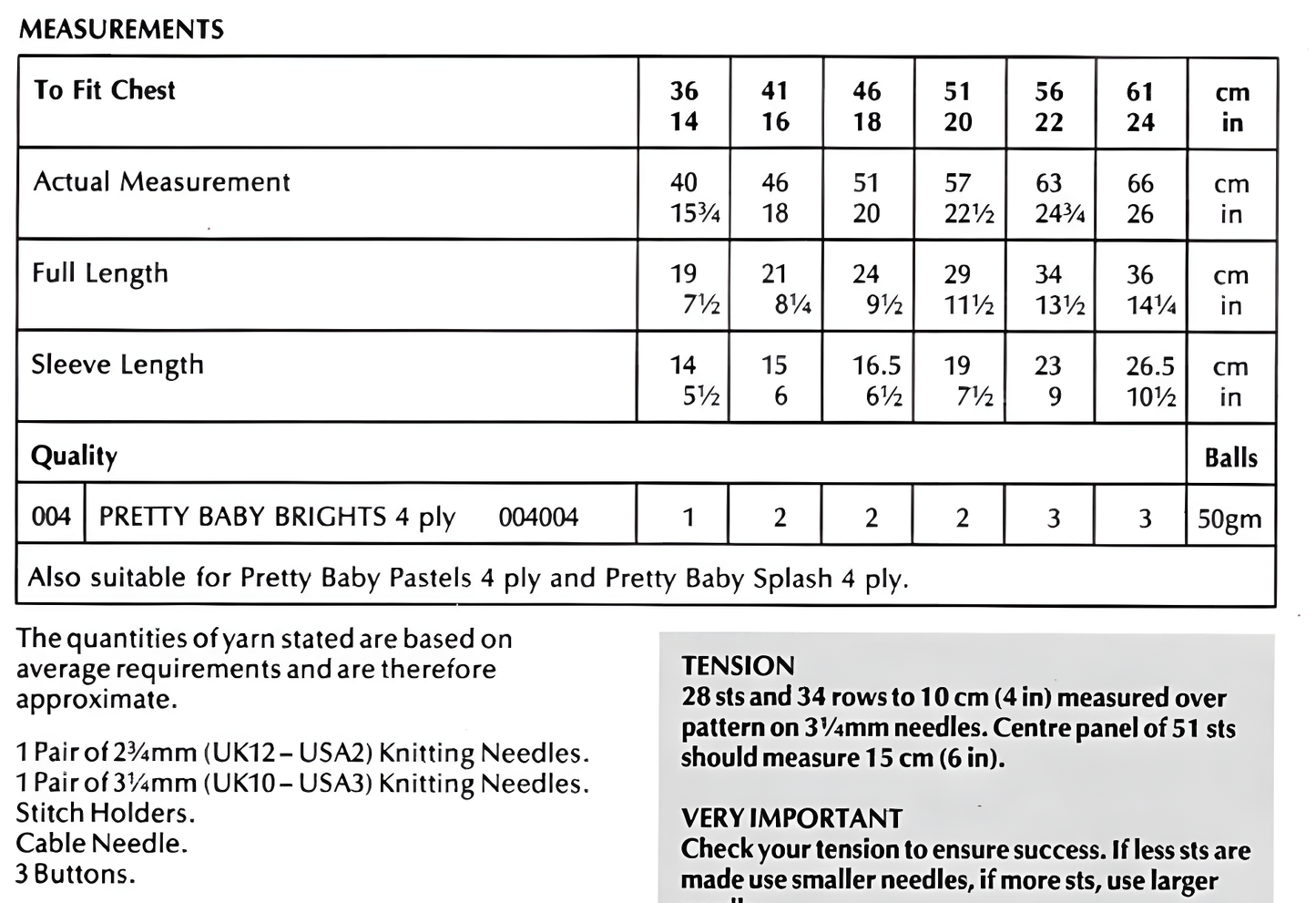 Materials and measurements for vintage baby and child cable and leaf panel sweater knitting pattern — 4ply yarn, 3.25mm and 2.75mm needles, cable needle, stitch holders, buttons, 14''–24'' (36–61 cm), premature baby to 4 years.