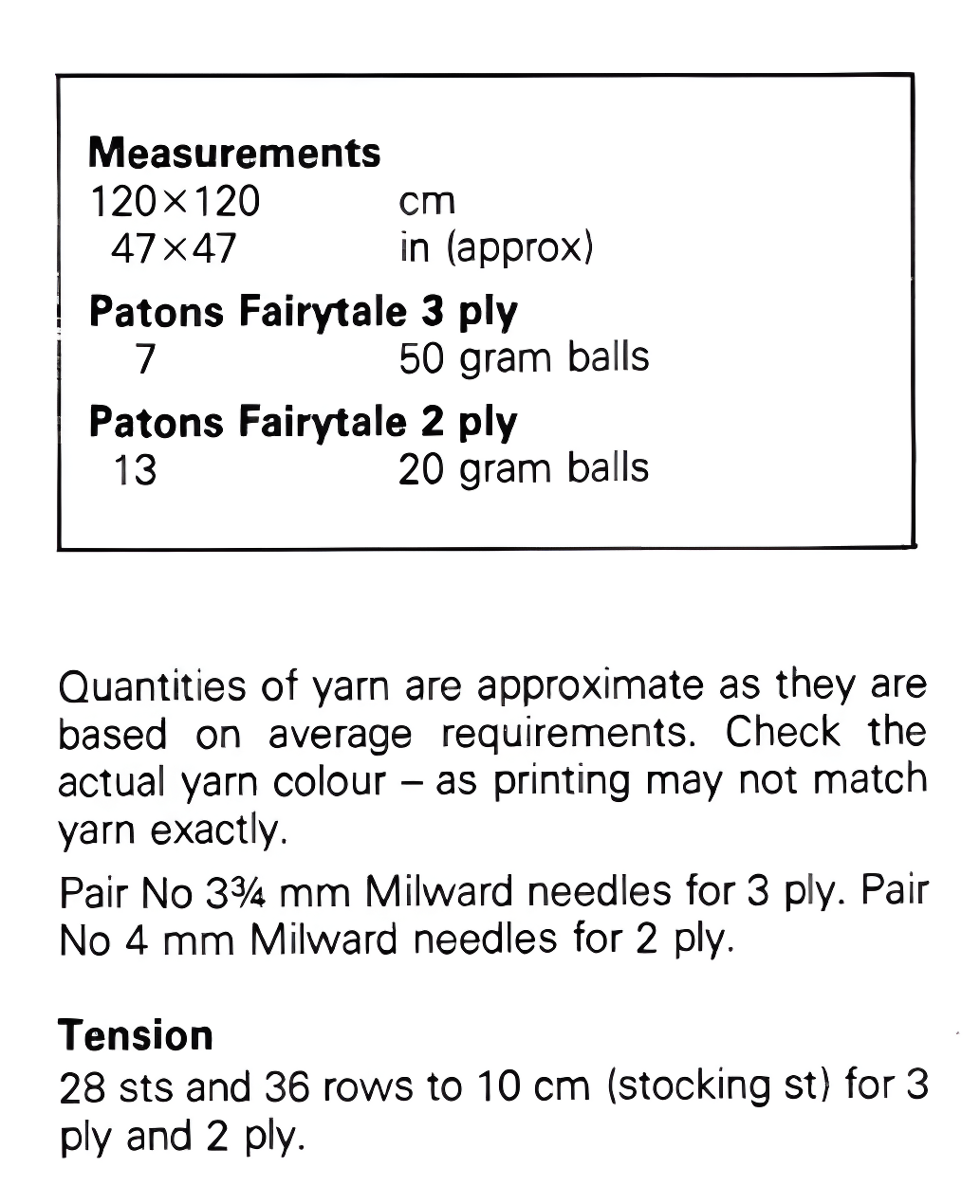 Materials and measurements for vintage baby lace shawl knitting pattern — traditional Shetland style, 3ply yarn with 3.75mm needles or 2ply yarn with 4mm needles, 120×120 cm (47''×47'').