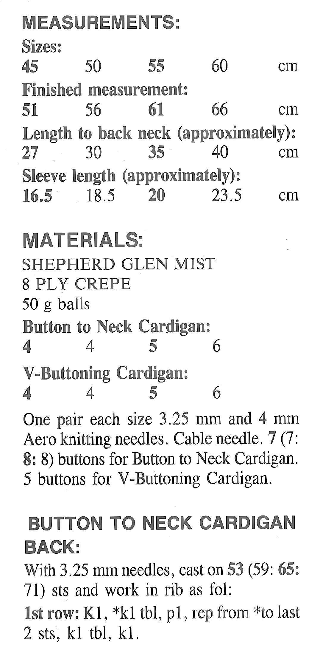 Materials, yarn requirements and measurements for vintage 1980s baby Aran style cable cardigan knitting pattern in DK