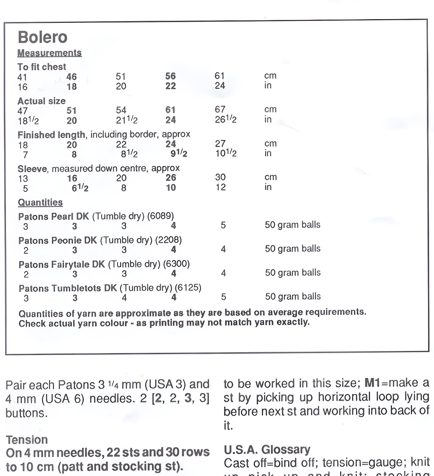 Materials and measurements for baby & child girl's bolero cardigan vintage 1980s knitting pattern – DK, birth to 4 years