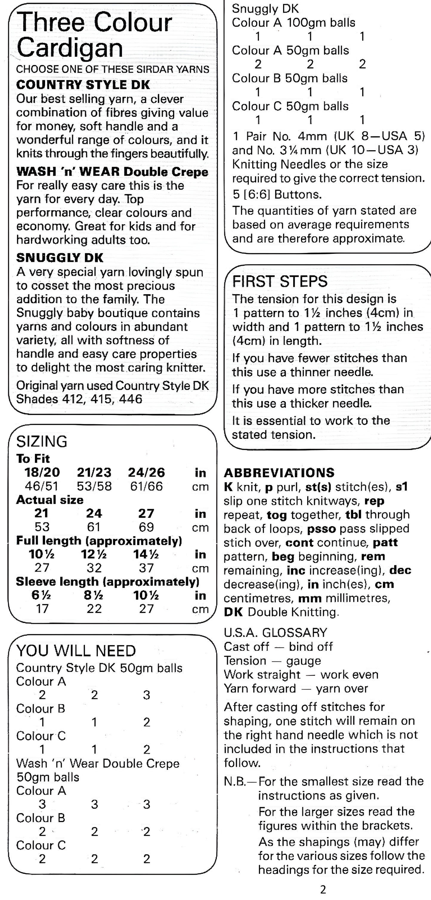 Materials, yarn requirements and measurements for vintage 1980s baby child three colour entrelac cardigan knitting pattern