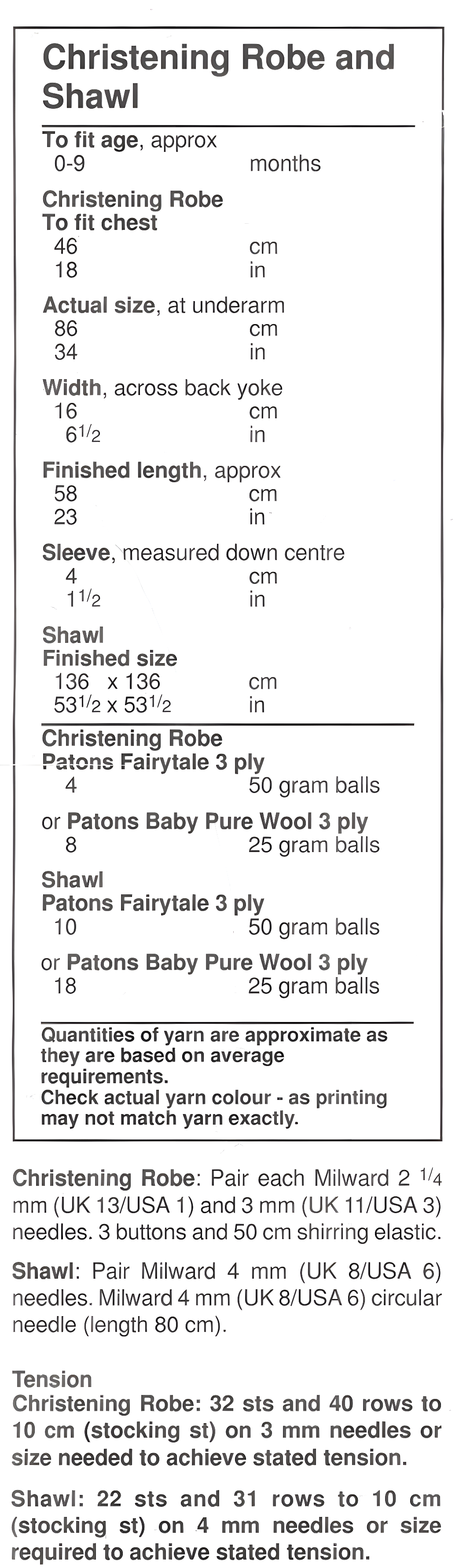 Materials and measurements for baby christening robe and shawl vintage 1990s knitting pattern – 3-ply, 0–9 months, shawl 53.5 inches square