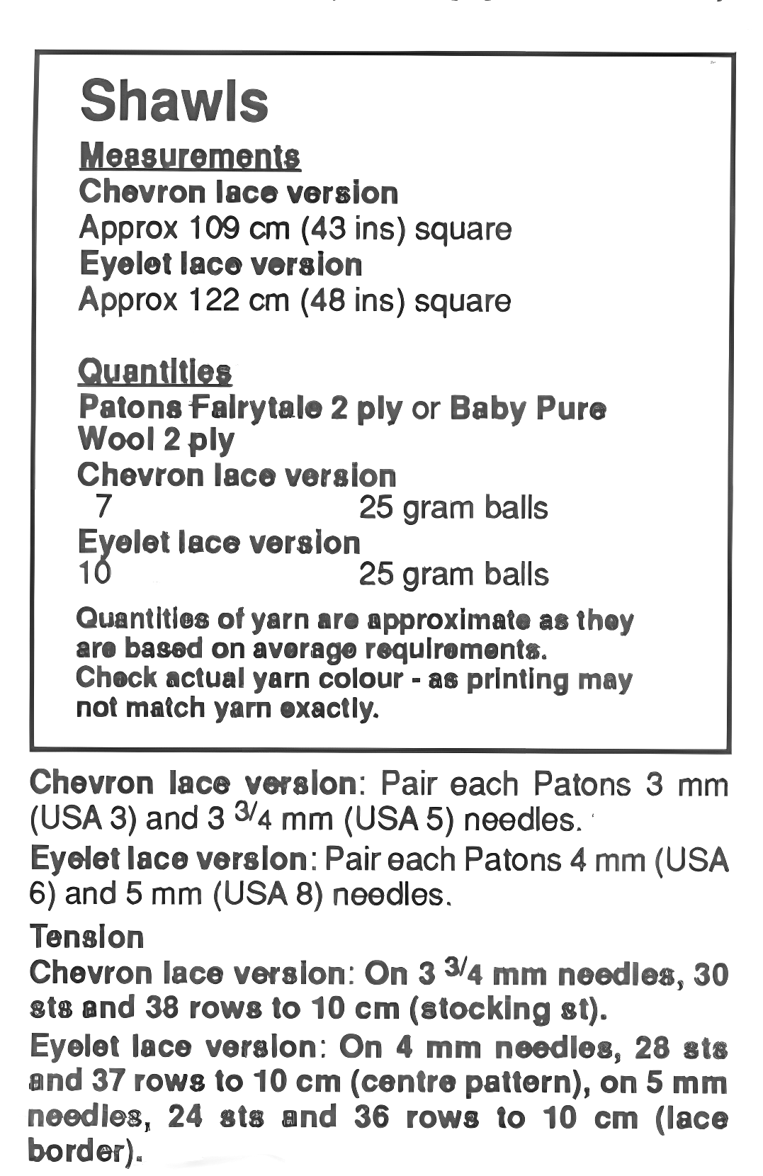 Materials and measurements for baby christening shawls vintage 1980s knitting pattern – chevron lace 43x43'' and eyelet lace 48x48'', 2-ply