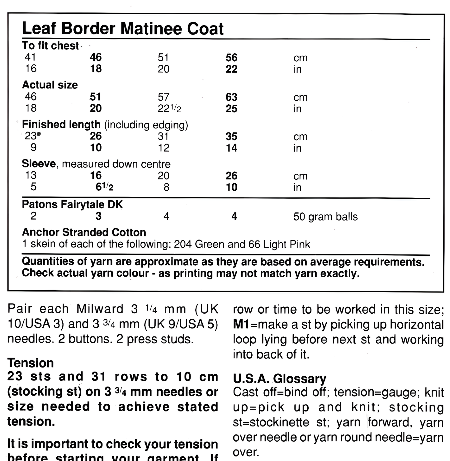 Materials and measurements for baby girl leaf border matinee coat vintage 1990s knitting pattern – DK, birth to 2 years