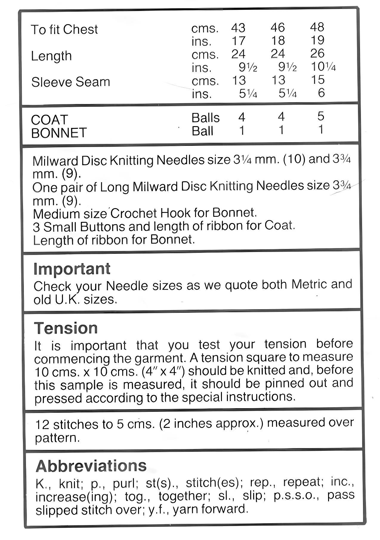 Materials, tension, yarn requirements and measurements for vintage 1970s baby lacy yoked matinee coat cardigan bonnet set knitting pattern