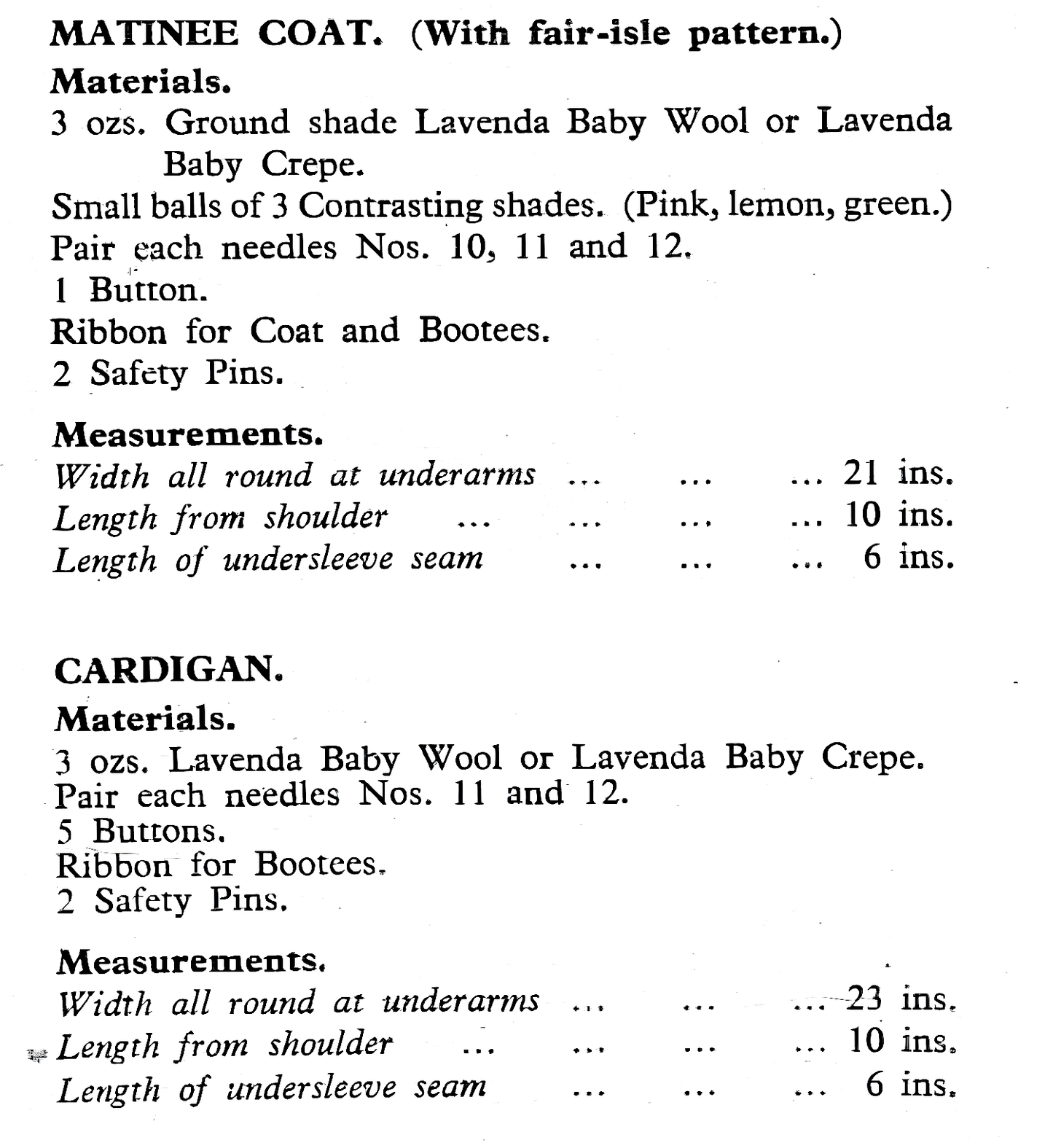 Materials, yarn requirements and measurements for vintage 1950s Lavenda baby matinee coat, cardigan and bootees knitting pattern