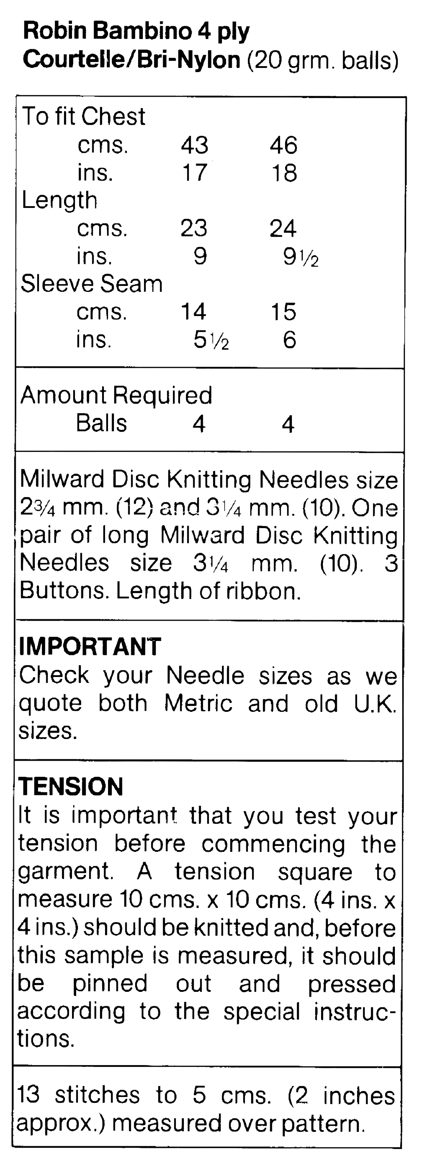 Materials, yarn requirements and measurements for vintage 1970s baby matinee jacket cardigan knitting pattern in 4-ply
