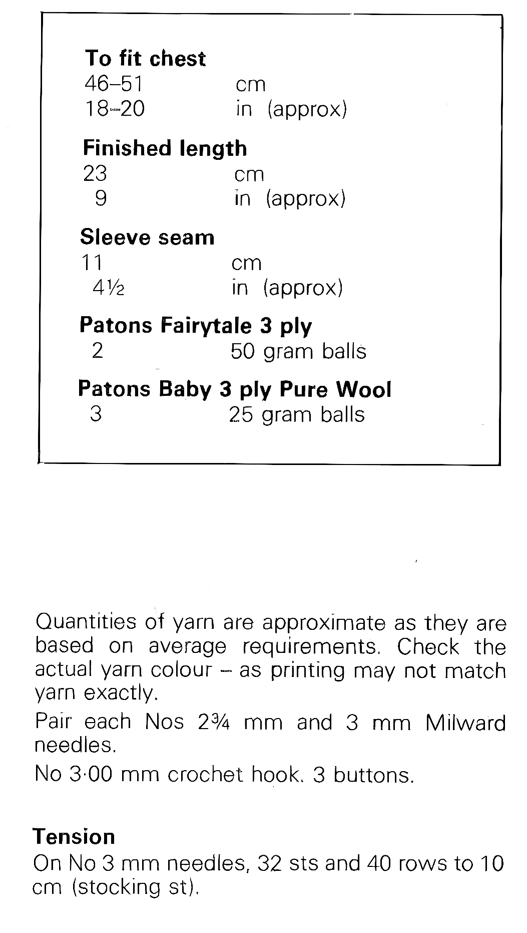 Materials, tension, yarn requirements and measurements for vintage 1980s baby picot edge matinee coat knitting pattern – top-down leaf lace yoke, 3-ply
