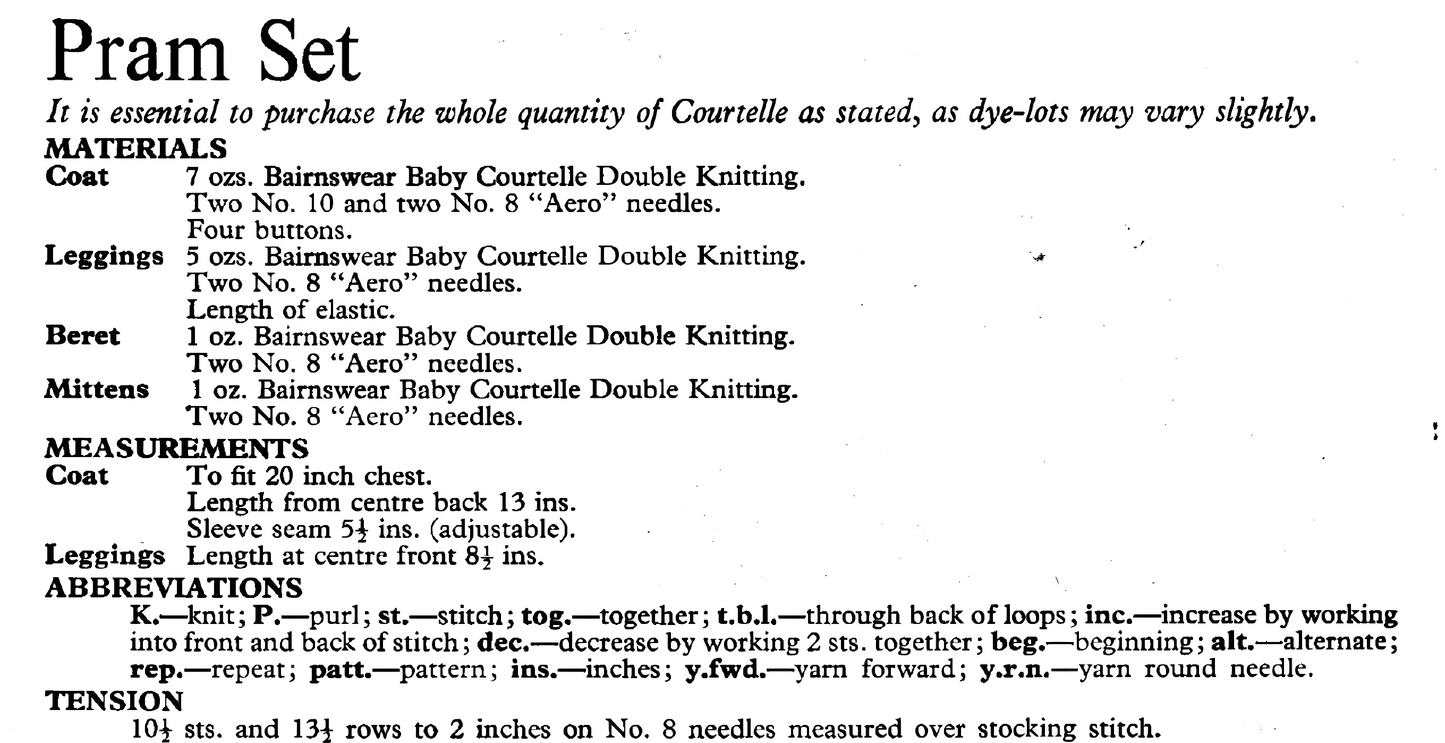 Materials, yarn requirements, tension and measurements for vintage 1950s Bairnswear baby pram set knitting pattern