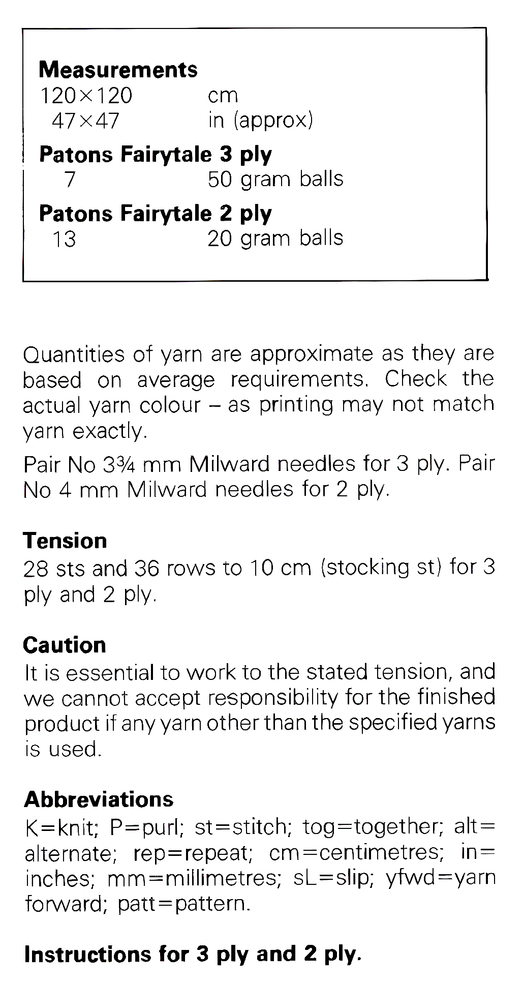 Materials and yarn requirements for vintage 1980s Shetland lace christening shawl knitting pattern – Tree of Life border, sawtooth edge, 2-ply or 3-ply, 120×120cm