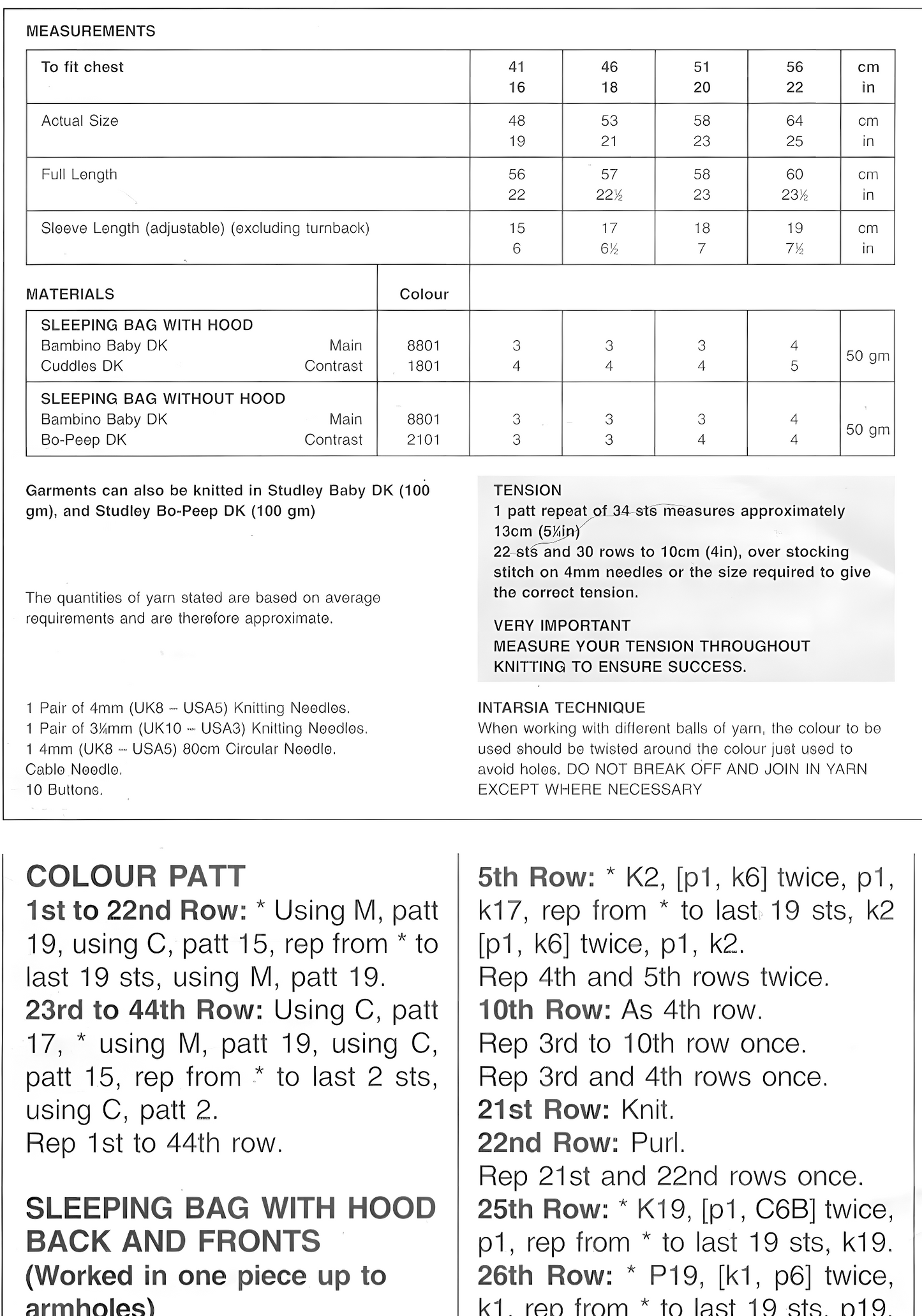 Materials, yarn requirements and measurements for vintage 1980s baby sleeping bag cable knitting pattern in DK