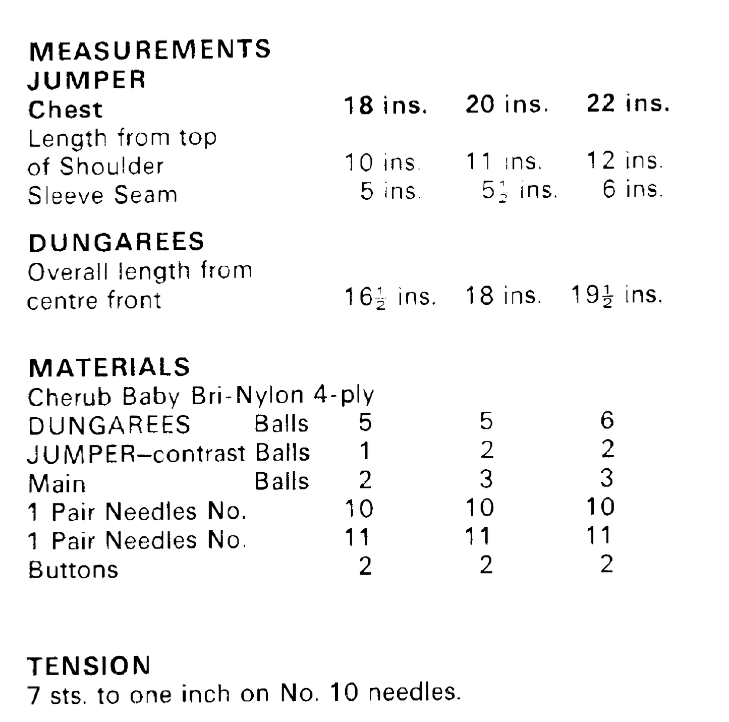 Materials, yarn requirements and measurements for vintage 1960s baby toddler dungarees and jumper set knitting pattern
