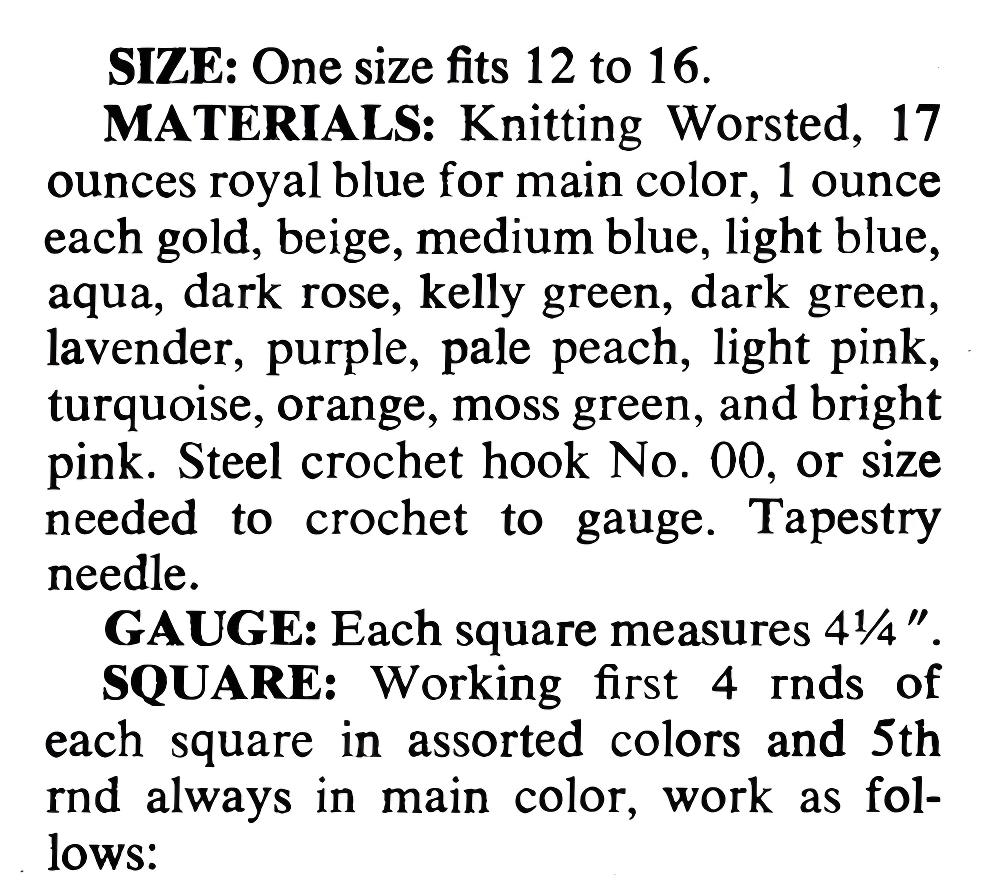 Materials, gauge, crochet hooks and yarn requirements for vintage 1980s women's granny square crochet jacket pattern