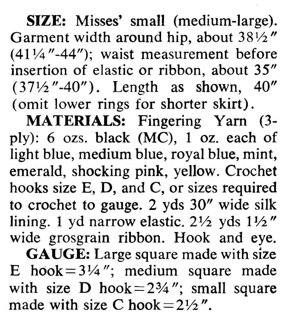 Materials, crochet hooks and yarn requirements for vintage 1980s women's granny square crochet maxi skirt pattern