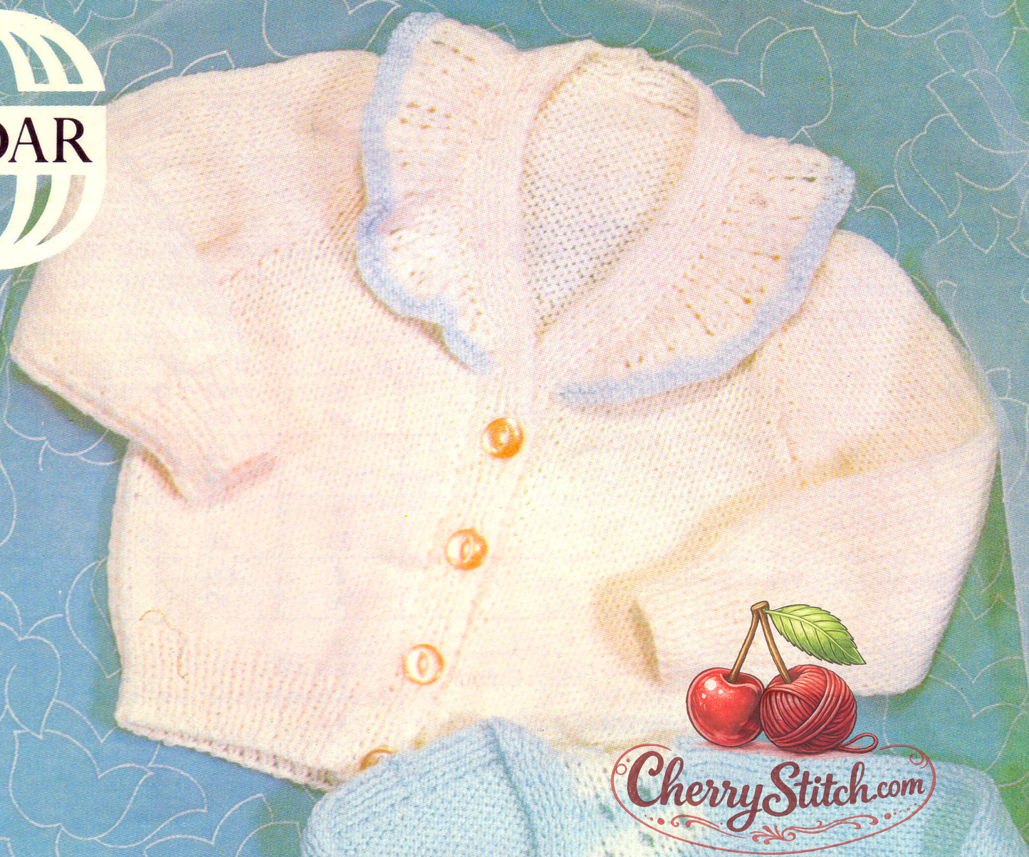 Close-up of frilly collar extending over V-neck – restored vintage 1970s baby raglan cardigan knitting pattern in DK