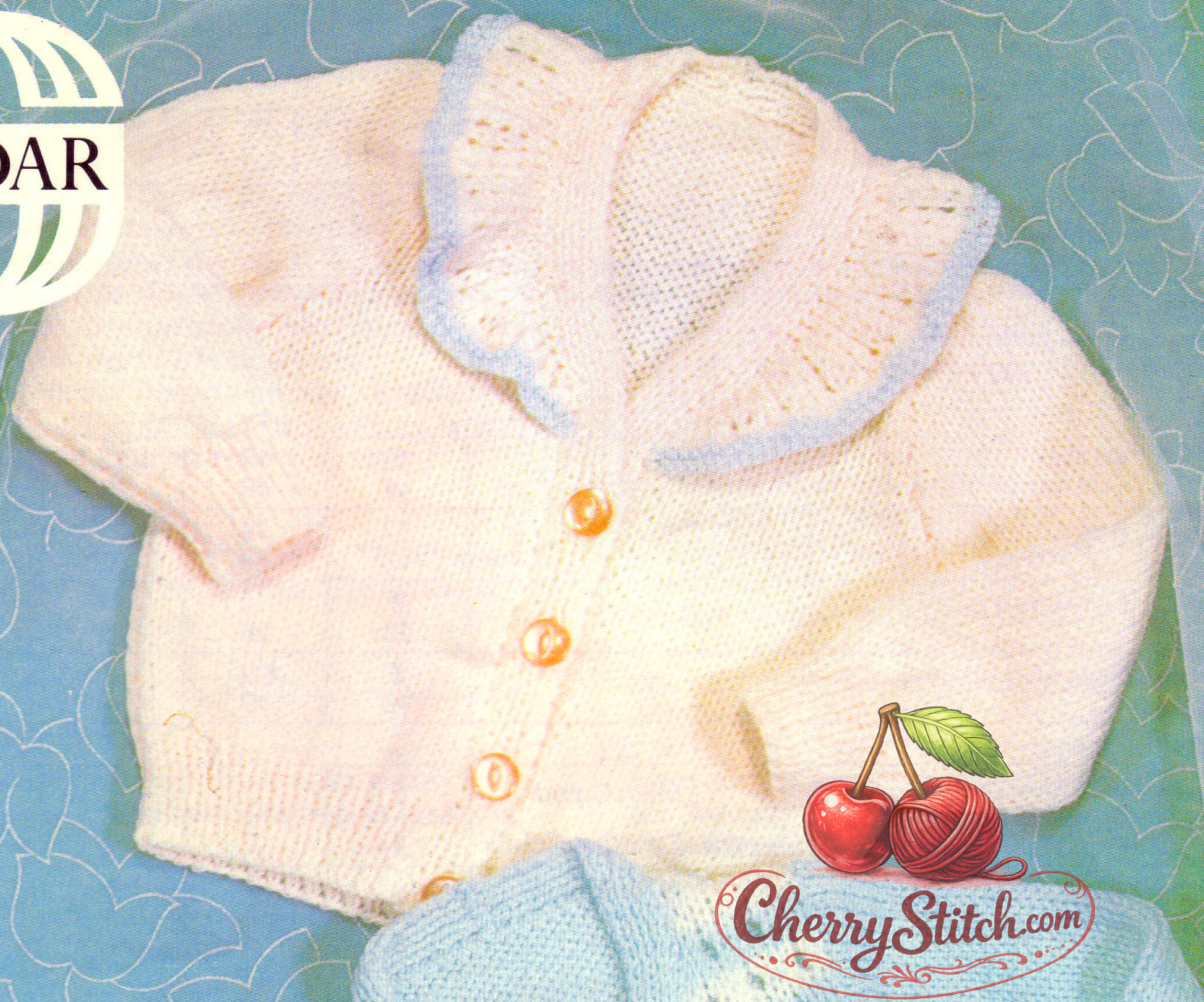 Close-up of frilly collar extending over V-neck – restored vintage 1970s baby raglan cardigan knitting pattern in DK
