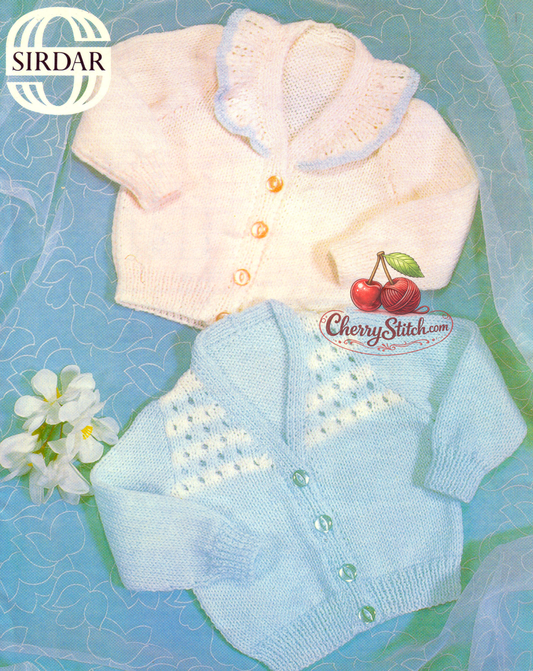 Vintage 1970s baby cardigans knitting pattern – 2 designs eyelet lace yoke and frilly collar, raglan V-neck, DK, 3 sizes 16''–20''

