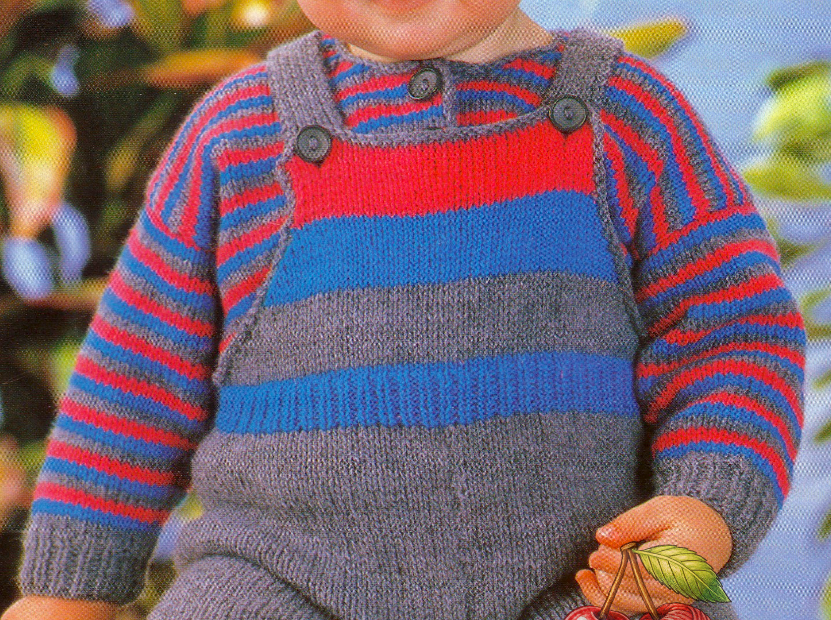 Close-up of round neck sweater and striped yoke dungarees – restored vintage 1970s baby toddler knitting pattern in DK
