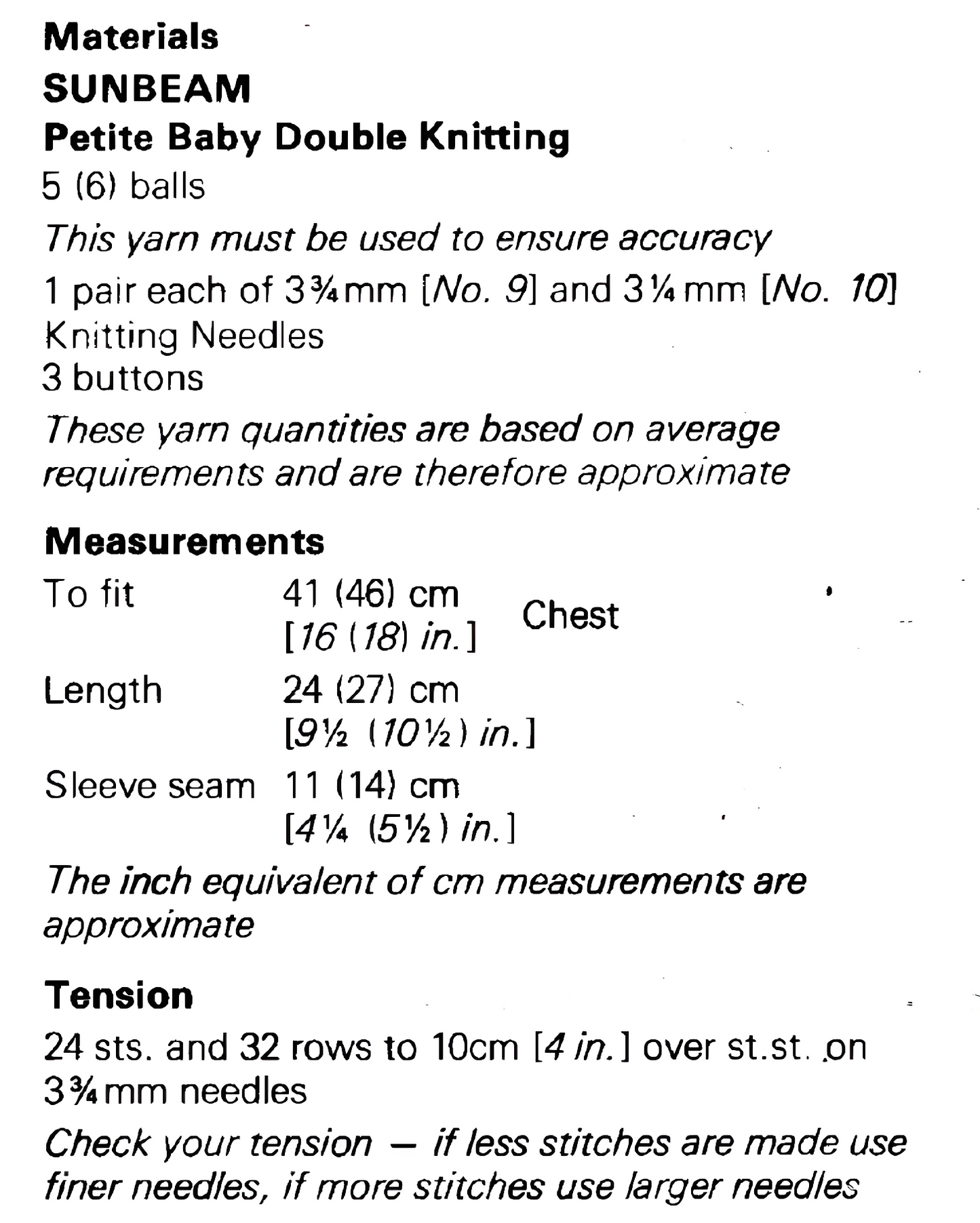Materials, yarn requirements and measurements for vintage 1970s baby matinee coat cardigan horseshoe lace Sunbeam knitting pattern in DK or 4-ply
