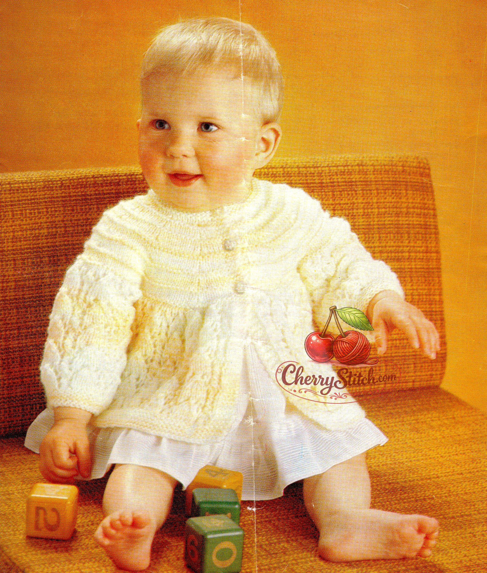 Vintage 1970s baby matinee coat cardigan knitting pattern – horseshoe lace flared skirt, garter stitch yoke, DK or 4-ply, 2 sizes 16''–18''