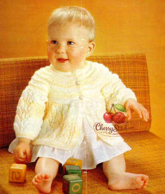 Vintage 1970s baby matinee coat cardigan knitting pattern – horseshoe lace flared skirt, garter stitch yoke, DK or 4-ply, 2 sizes 16''–18''