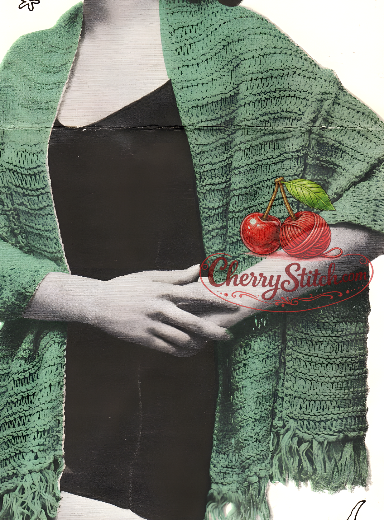 Close-up of loopy stitch and garter stitch texture – restored vintage 1950s women's stole knitting pattern in DK
