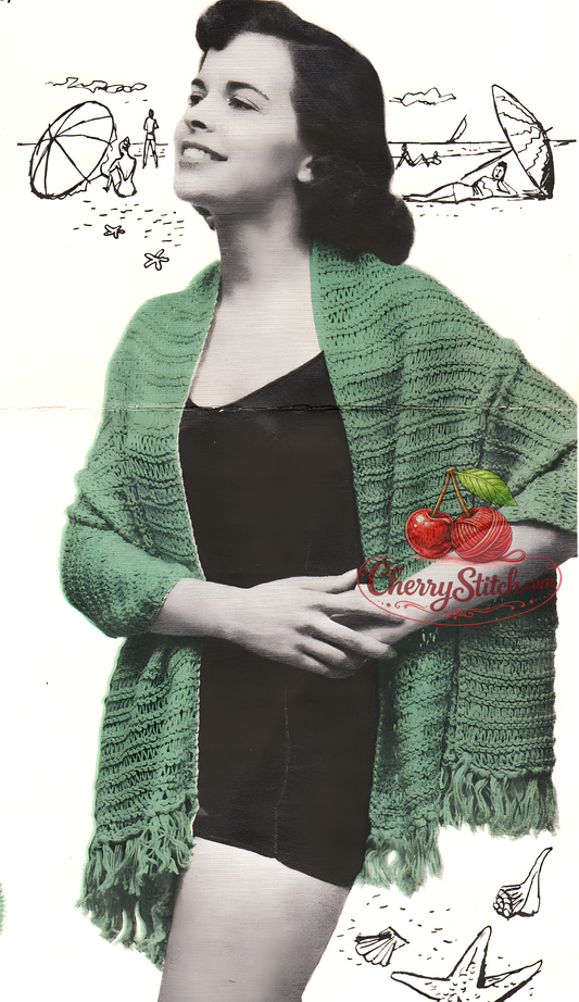 Vintage 1950s women's stole knitting pattern – loopy stitch texture, garter stitch rows, fringe ends, DK, 28'' x 72''