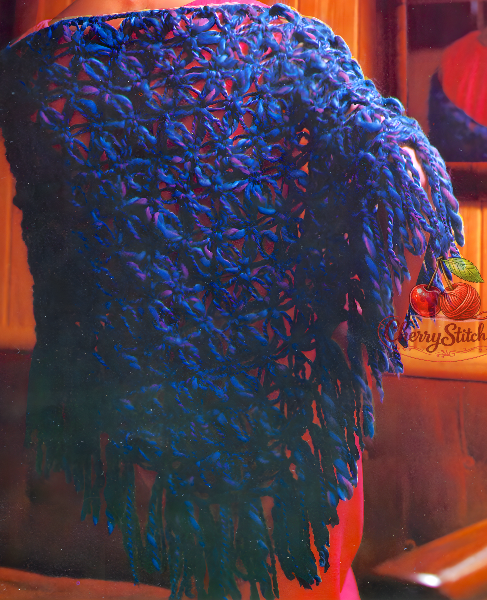 Close-up of loopy lace stitch texture and fringe – restored vintage 1960s women's triangle shawl crochet pattern in bulky yarn