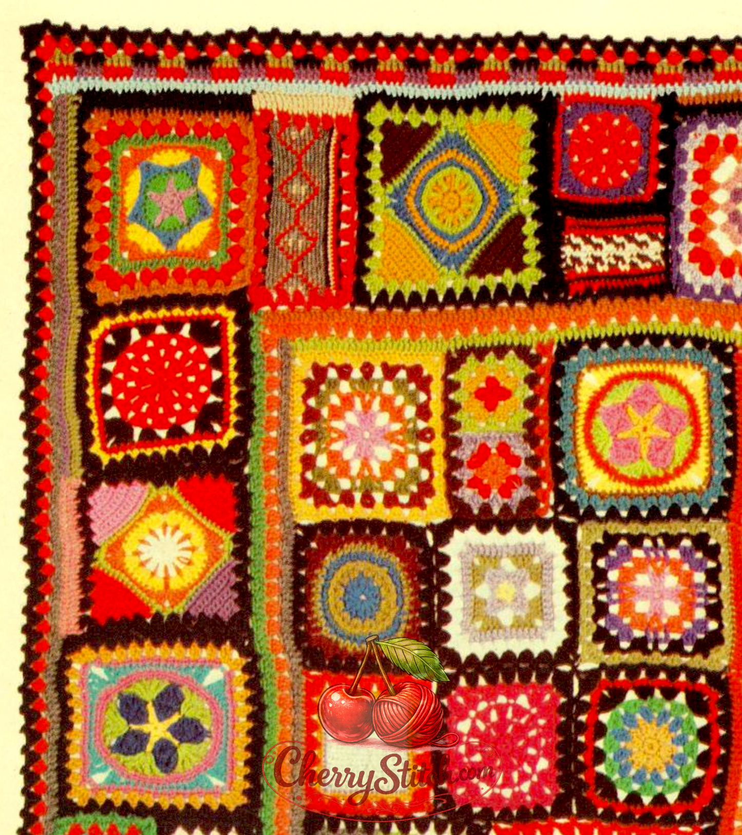 Close-up of 40+ granny square motifs – restored vintage 1970s sampler afghan crochet pattern in Worsted Aran, US crochet terms