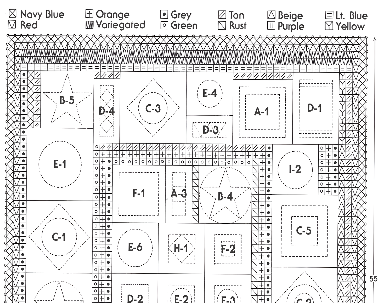 Granny square placement diagram – restored vintage 1970s sampler afghan crochet pattern, large print, US crochet terms